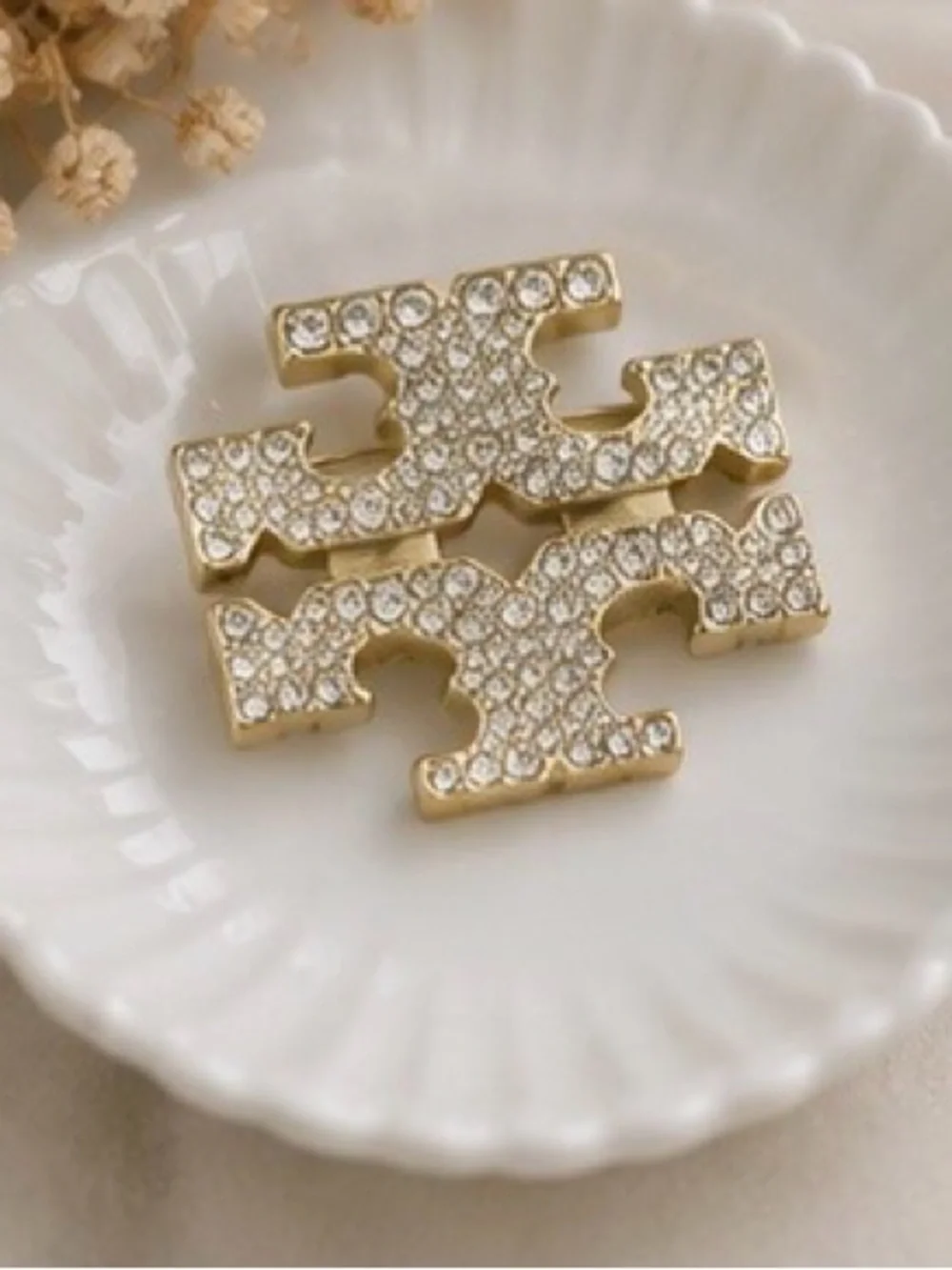 Gold Tone Crystal Statement Brooch Rhinestone Double T Pin